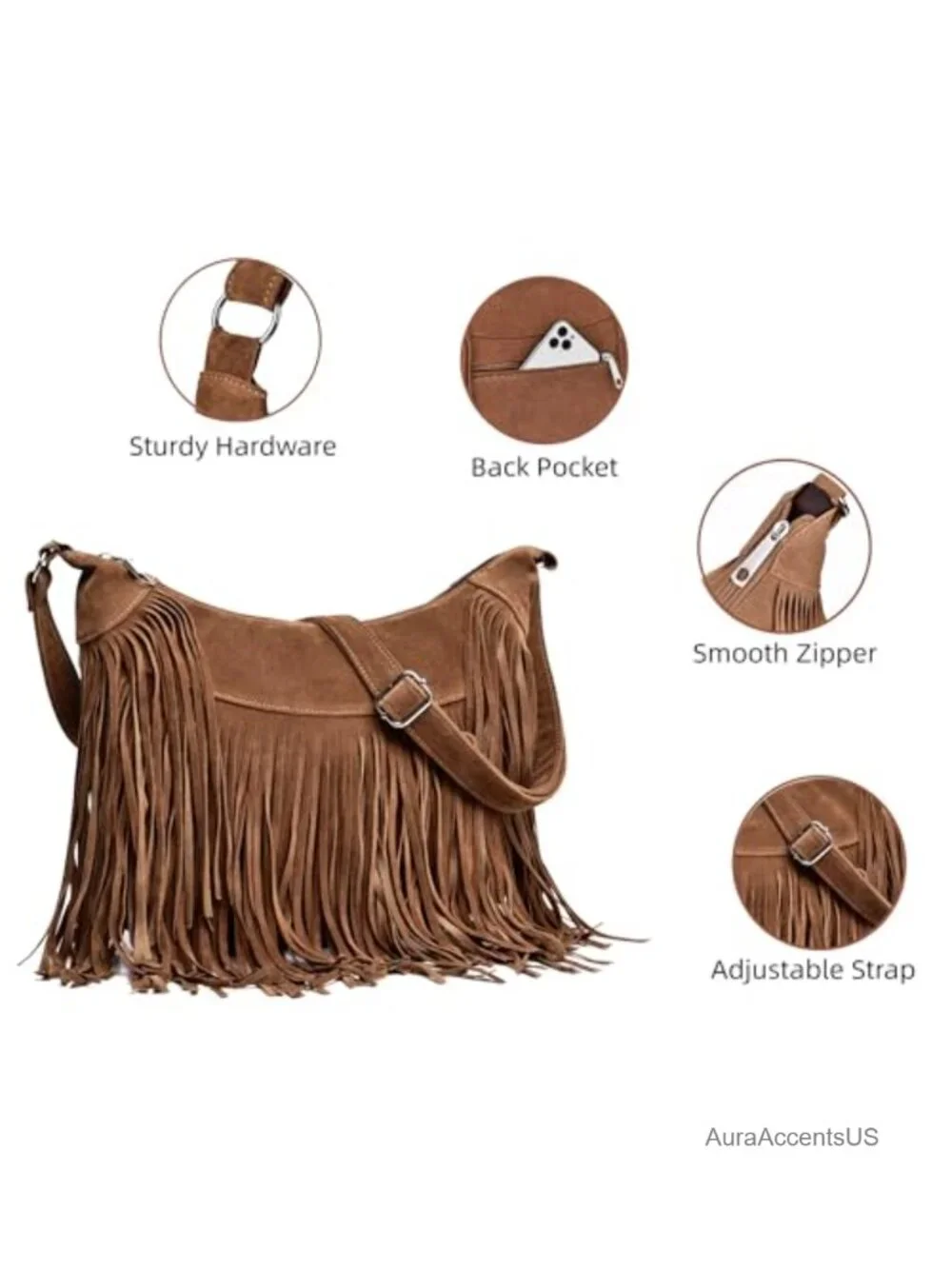 Vintage Western Suede Fringe Hobo Bag Crossbody Purse